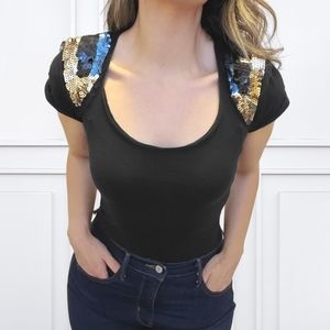 Sequin Shoulder Short Sleeve Top